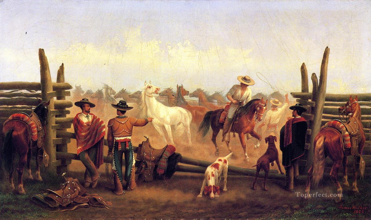 James Walker Vaqueros dans un cheval Corral Far West Peintures à l'huile